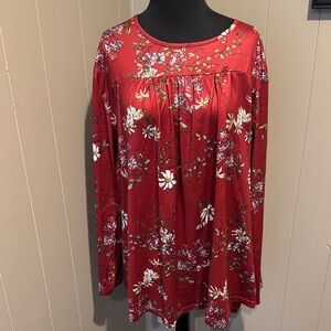 Vislily burgundy stretch floral print gathered bodice Lind sleeve top. 22W. NWT.